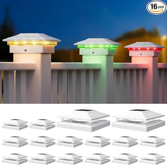 APONUO Solar Post Cap Lights Color Changing - RGB 8 Solid & Gradient Colors, IP65 Waterproof, for 4x4 5x5 6x6 Wood Vinyl Fences, Deck, Patio, Yard, White, 16 Pack