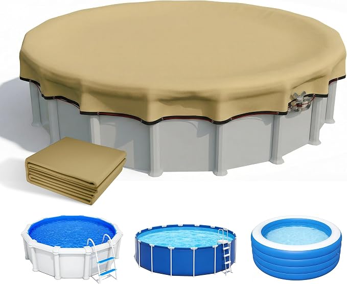 [Ultra Thick] 28FT Round Winter Pool Covers for Above Ground Pool Covers Easy Install 195GSM 500D,UV & Tear Resistant, Upgraded Heavy-Duty Winch, Reinforced Edges,Extra 4Ft Overlap Beige