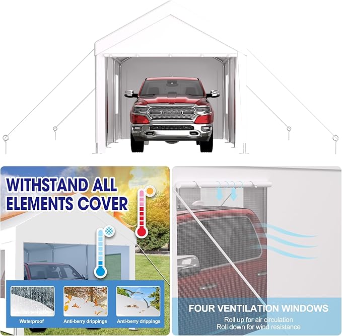 10x20FT Canopy, Outdoor Portable Garage with 2 Roll-Up Doors & 4 Ventilated Windows, Patio Camping Heavy Duty Car Port Canopy with PE Cover, Ground Pegs & Steel Cables, Easy Assembly, White