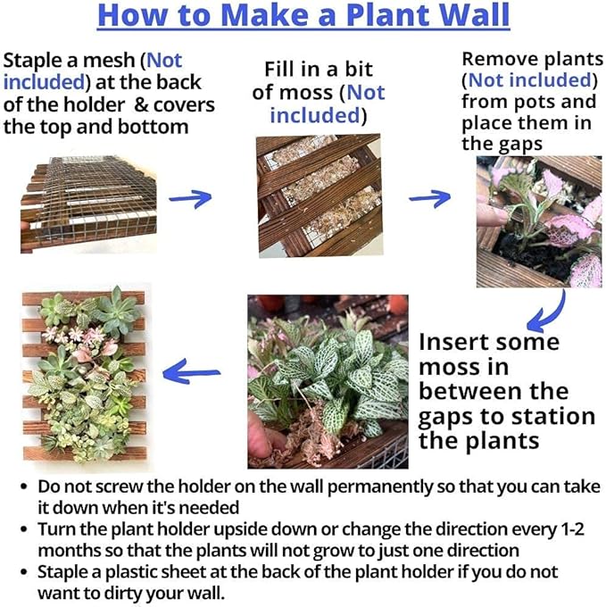 ShopLaLa Bundle - 4 Inch Black Self Watering Pots x 10 Pack+ Wooden Plant Holder, Indoor Vertical Wall Garden, Living Plant Wall Herb Garden Vertical System, Wall Mount Hydroponic Wall Pots