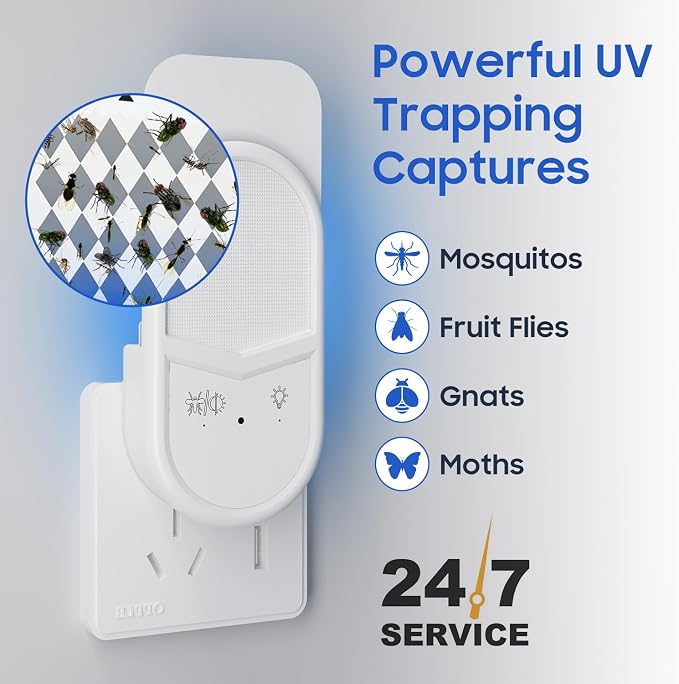 Fruit Fly Traps for Indoors, Plug in Fly Trap Indoor, 900 Sq Ft Protection Area, 6 Color Light Indoor House Bug Catcher with RC for Flying Insects Gnats Fruit Flies (1 Device+6 Refills)