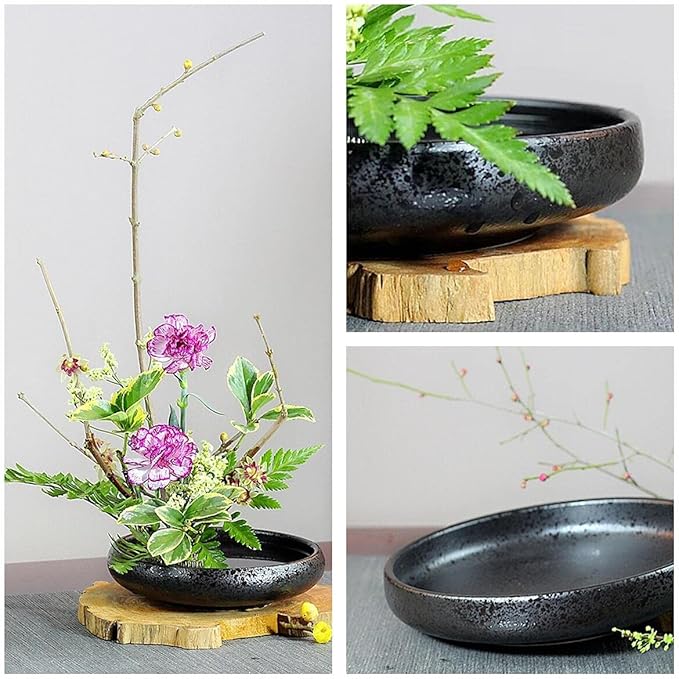 Japanese Ikebana Vase Kit, Flower Shallow Container Ceramics Ikebana Vase with 1.57inch Flower Frog and Floral Frog Floristry Kenzan Needle Straightening Tool (Frosted Bowl A with Spots)