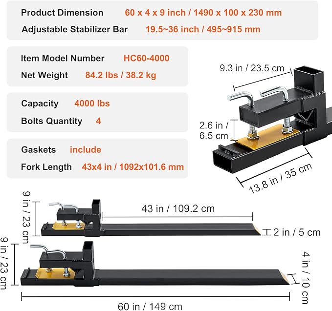 VEVOR Pallet Forks, 4000 lbs Clamp on Pallet Forks, 60" Total Length Heavy Duty Pallet Forks, Tractor Bucket Forks for Tractor Attachments, Skid Steer, Loader Bucket