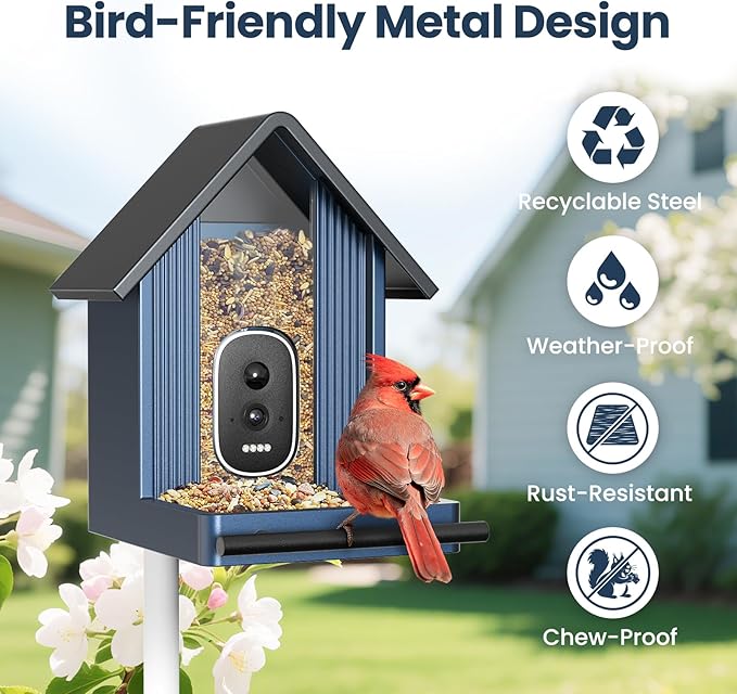 Smart Metal Bird Feeder with Camera Squirrel Proof, 2.5K UHD AI Identification, Wireless Solar Powered Outdoor for Garden Birding, Real-time Videos & IMG, Premium Present for Mom