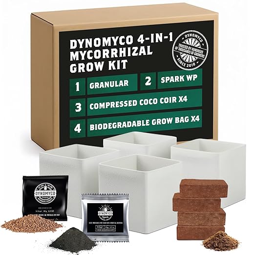 DYNOMYCO Mix 4-in-1 Mycorrhizal Grow Kit for Bigger Yields & Healthier Plants - Includes Concentrated Mycorrhizae, MHB & Bio-stimulants, Premium Coco Coir, and Biodegradable Grow Bags