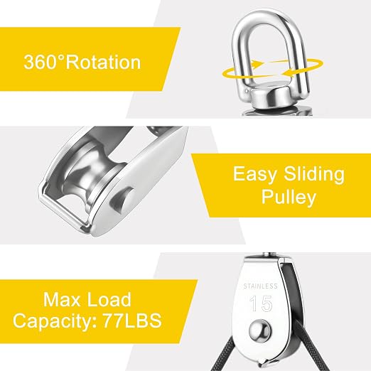 2 Sets M15 Cable Pulley System for Lifting Hanging, Including Heavy Duty Stainless Steel Single Pulley Block with 66FT Nylon Rope, Snap Hooks, Eye Pad Plate, Rope Cleat Hook, Loading 77lb