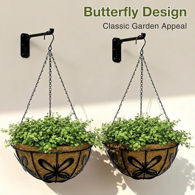 14 Inch Hanging Baskets for Plants Outdoor, 2 Pack Metal Wire Hanging Planters with Coco Coir Liners, Rust-Resistant Flower Basket with Chains & Hooks for Garden Patio Porch Deck Balcony