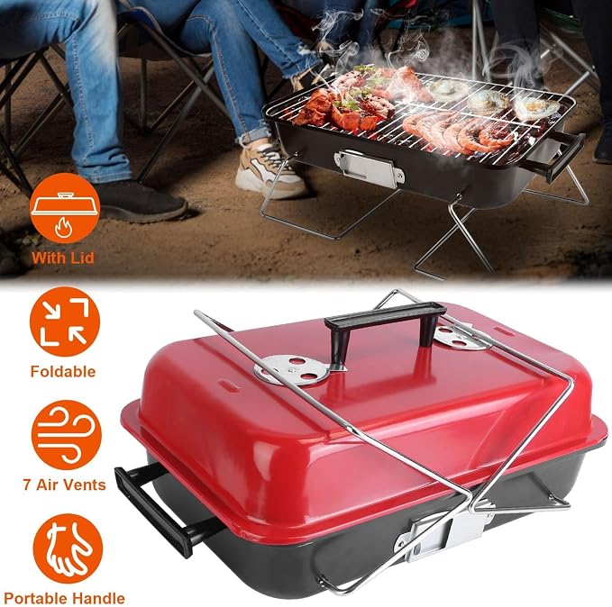 Portable Charcoal Grill for Outdoor Cooking - Small Tabletop BBQ Smoker Grill with Lid, Folding Design for Camping, Picnics, Beach, Backyard & Tailgating