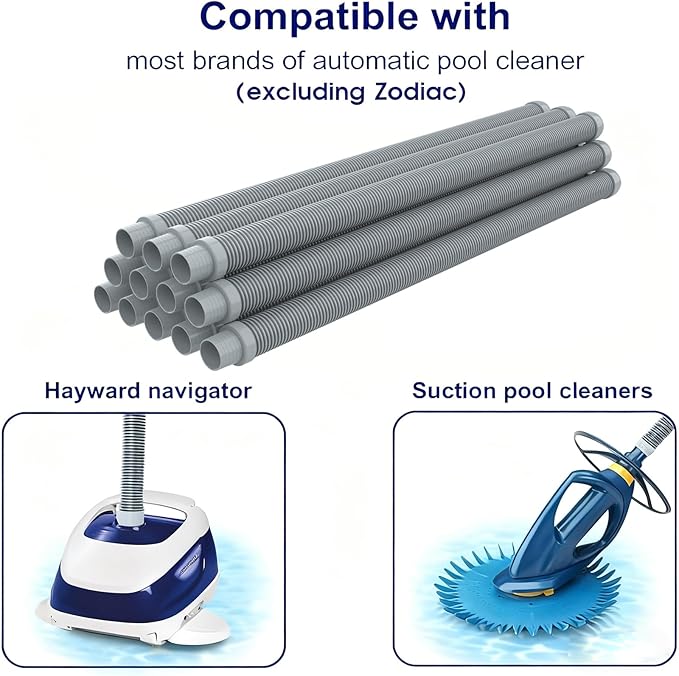 Poolvio Pool Vacuum Hose 40 Feet (12 x 40 Inch), 1.5 Inch Cuffs, Compatible with Most Inground Pool Automatic Cleaners, Gray
