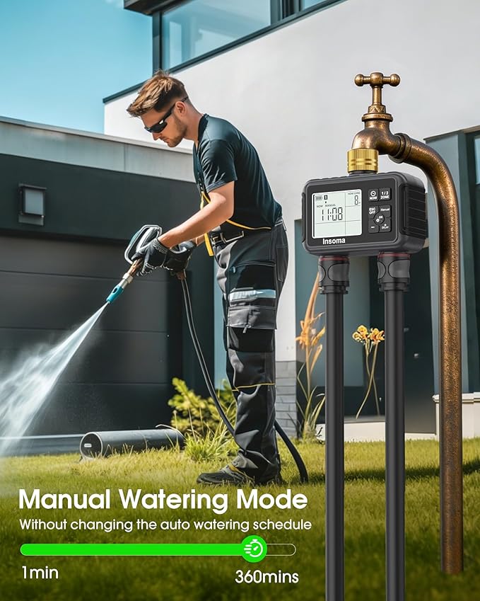 Insoma Water Timer with Brass Inlet, 2 Independent Zones Outdoor Hose Timer for Garden Faucet with Auto/Manual/Rain Delay Mode, Sprinkler Irrigation Controller for Yard Lawn