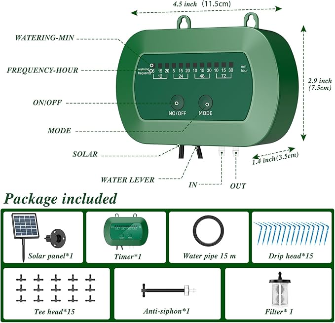 Solar Drip Irrigation System, Automatic Watering Kit for 15 Pots with 49ft Hose, Anti-Siphon Garden Irrigation System for Vacation, Balcony & Greenhouse, 12 Modes Self Watering System, Split