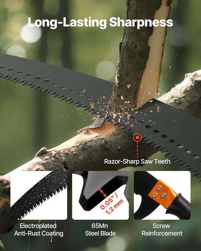 VEVOR Manual Pole Saw, 4.46-26.4 ft Extendable Tree Pruner with Scissors, Sharp 65Mn Steel Blade, Lightweight Fiberglass Handle Pole, Two Double-Hook Saws, for High Branch Trimming, Palms and Shrubs