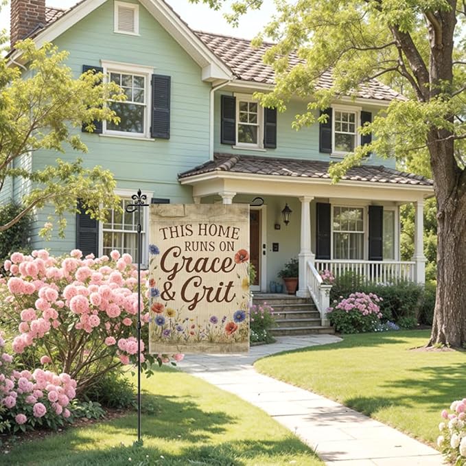 This Home Runs On Grace and Grit Garden Flag Double Sided Yard Outdoor Decoration 12x18 Inch, Vintage Floral Yard Decoration Garden Flag, Christian Home Banner, New Home Housewarming Gifts