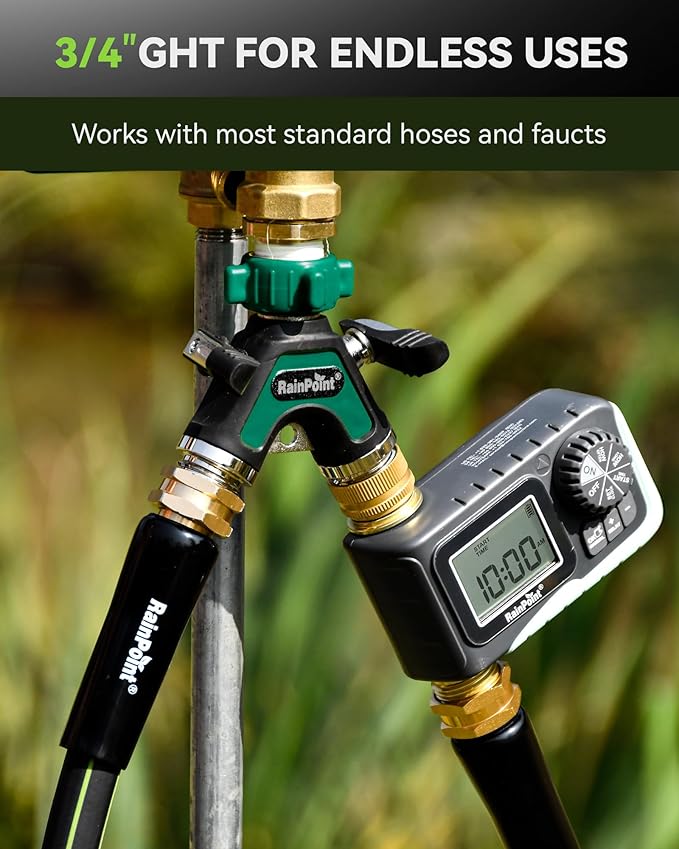 RAINPOINT Garden Hose Splitter 2 Way, All Metal Heavy Duty Water Hose Y Splitter With 2.05" Extra Long Side Handle & Shut Off Valves, 3/4 Inch GHT Thread Connector For Spigot Faucet (Dark Green)