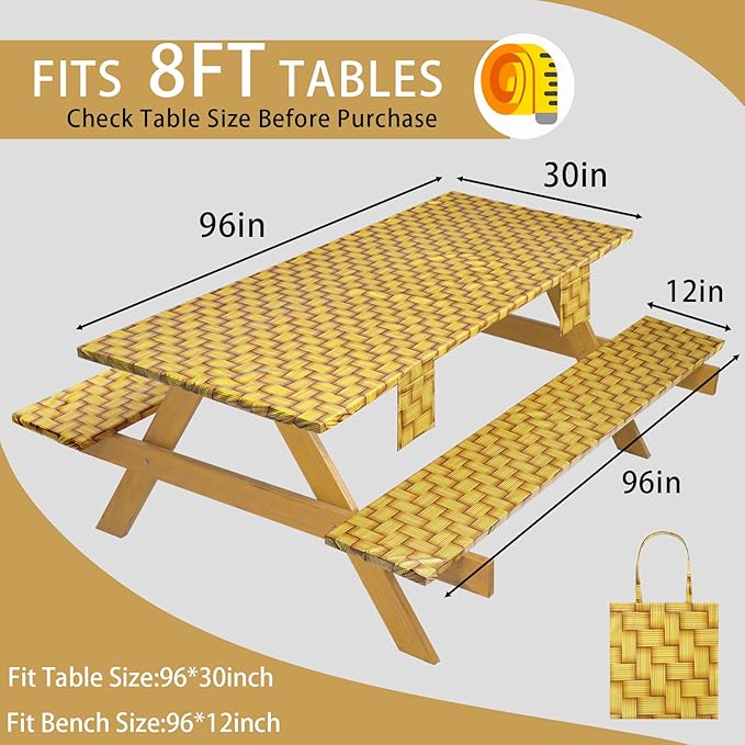 Fitted Picnic Table Cover with Chair Covers Elastic Water Resistant Camping Tablecloth for 8 Foot Rectangle Tables Garden Patio Outdoor Organization Road Trip Hiking Motorhome Essential Gift