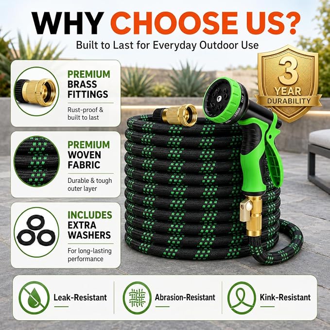 Flexible Garden Hose, Ultra Lightweight Water Hoses 50FT w/10 Function Sprayer and 3/4" Brass Fittings, Kink-Free, Sturdy, Abrasion Resistant for Yard, Lawn, Outdoor and Gardening