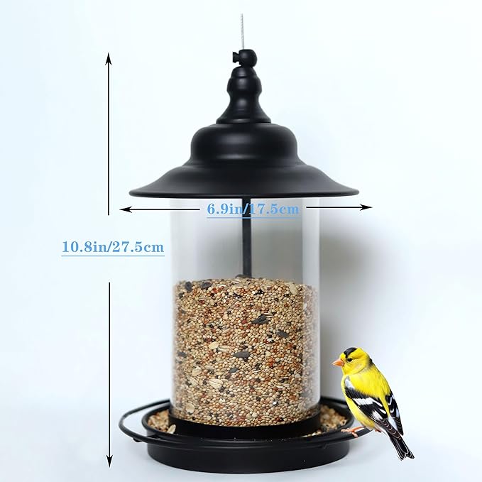 Bird Feeders for Outdoors,Hanging Bird Feeder with Locking Lid, Metal Birdfeeder with 17.5cm Weatherproof Large Roof&Tray,3 Feeding Perches,Chew-Proof, Black,1 Pack