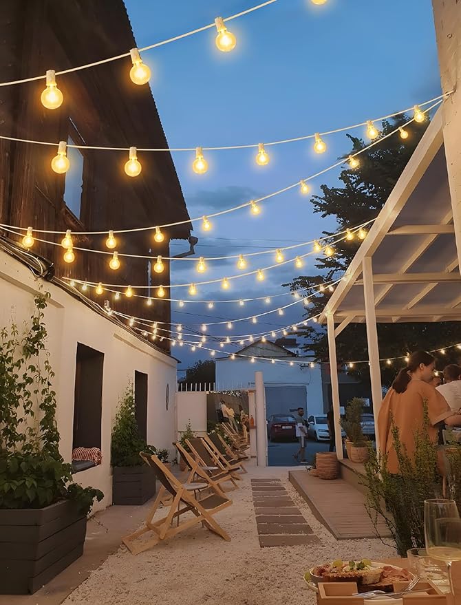 Larkvue 50FT(2x25FT) Solar String Lights Outdoor with Remote, Waterproof Dimmable 3 Modes Patio Lights with 20+2 LED G40 Bulbs for Party Bistro-White