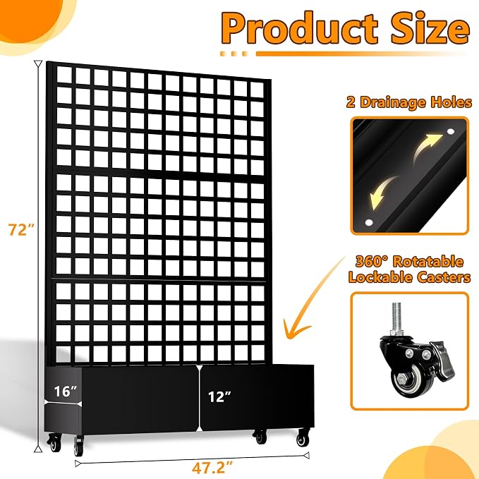 MTART Metal Planter Box with Trellis, 72.1"x47.2"x16" Galvanized Raised Garden Bed with Privacy Screen & Drainage Holes & Lockable Casters for Climbing Plants, Flower, Vegetable (Black-Grid)
