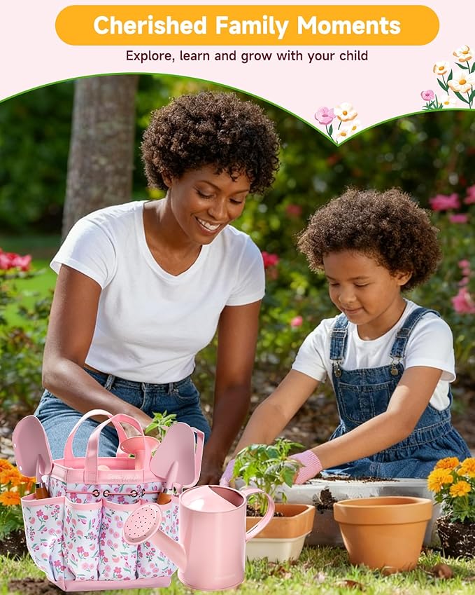 Kids Gardening Tool Set Toys - 8 Pieces Quality Garden Kit for Toddlers & Kids with Shovels, Rake, Watering Can, Hat, Apron, Gloves & Storage Bag (Pink Flower)