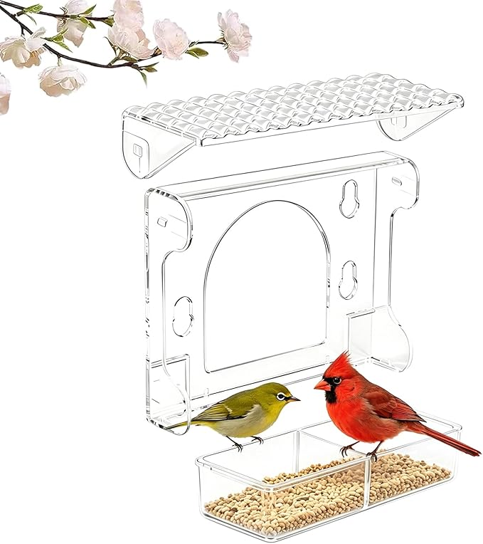 Window Bird Feeder with 4 Extra Strong Suction Cups, Clear Birdfeeders Bird House for Outdoors Window Viewing Outside, Removable Tray Birdhouse