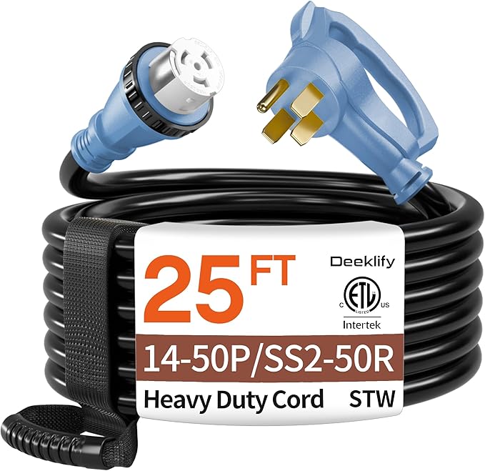 25FT 50 Amp Generator Cord, NEMA 14-50P/SS2-50R Heavy-Duty 4 Conductors Cable, Pure Copper STW RV Extension Cord, Female Plug with Twist Lock, Suitable for RV or Camper, ETL Listed