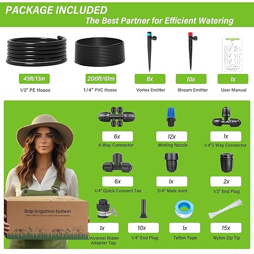 243FT Drip Irrigation Kit, Drip Irrigation System with 1/2'' Hose1/4 Drip Irrigation Tubing, 2025New Quick-Connect, Three Adjustable Nozzle Types for Garden Greenhouse Flower Bed Patio Lawn