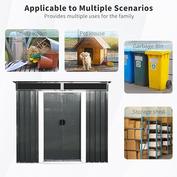 6FT x 5FT Outdoor Storage Shed, Heavy Duty Galvanized Steel Garden Shed with Sloped Roof, Sliding Lockable Doors, Punched Vents & Foundation Kit, Weather Resistant Tool Shed for Backyard, Black+White