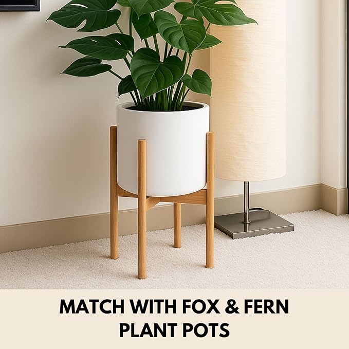 Fox & Fern Adjustable Plant Stand Indoor — 8 to 12 Inch Mid Century Bamboo Plant Stand with Adjustable Width - Plug In Design - Easy to Assemble - Two Heights - For 8, 9, 10, 11 & 12 Inch Pots
