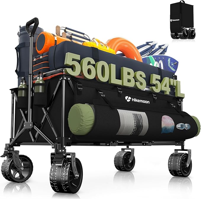 Hikemoon 54" Long Collapsible Wagon 400L Extra Large, Wagons Carts Foldable with Big All-Terrain Wheels, 560LBS Heavy Duty, Utility Folding Cart for Beach, Camping, Grocery, Sports, Garden, Black