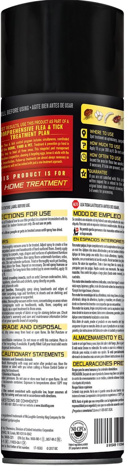 Black Flag Flea & Tick Killer for Upholstery & Pet Bedding Aerosol, 16-Ounce