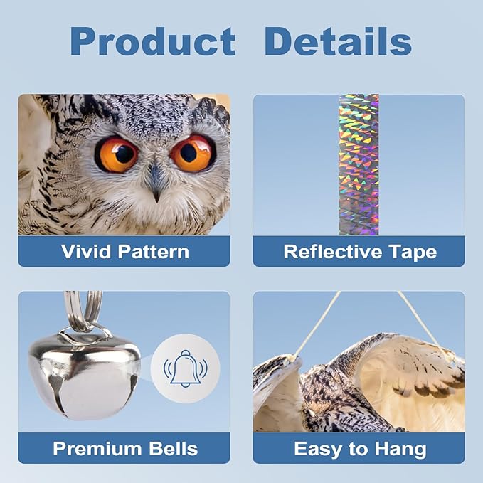Fake Owl to Keep Pigeon Away from Roof, 4PCS Flat Plastic Owls with Reflective Tape, Pigeon Scare Devices, Garden Owls to Scare Woodpecker Squirrel, Hanging Owl Decor for Porch Patio Outside