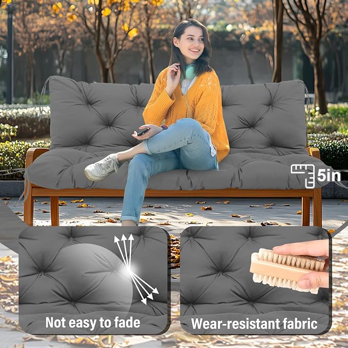 Extra Thick 5" Waterproof Porch Swing Cushions Outdoor 40 inch Swing Cushions 2 Seater Replacement with Backrest and Ties for Outdoor Furniture Patio Bench Garden (Gray)