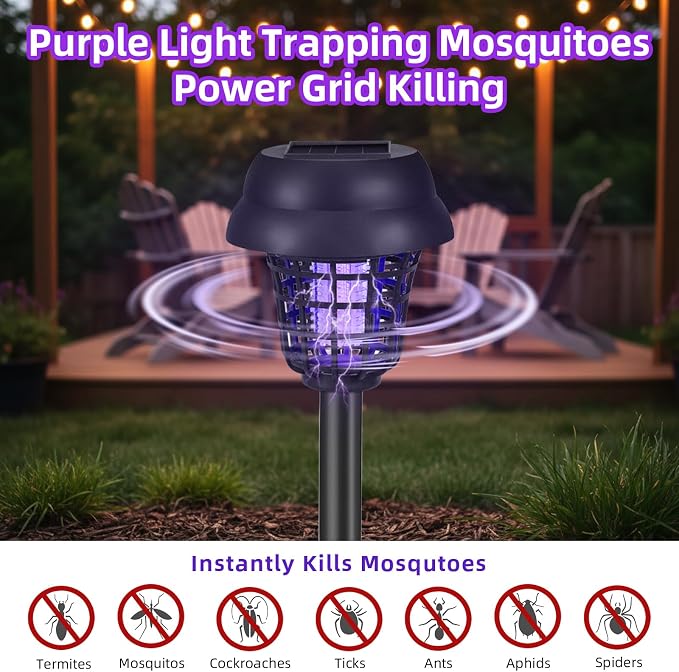 2026 Solar Bug Zapper Outdoor Waterproof,4 Pack Mosquito Zapper Repellent Outdoor Patio,Auto On/Off Purple or White Light,Solar Powered Gnat Insect Bug Zappers for Yard Garden Backyard Pathway