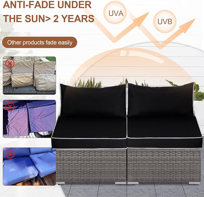 14 Piece Outdoor Patio Cushion Covers Replacement, Waterproof Outdoor Furniture Cushion Covers, Fit 7 Pcs 6 Seater Wicker Rattan Conversation Sofa Set, Black+White Piping(Only Cover) 25.6x25.6"