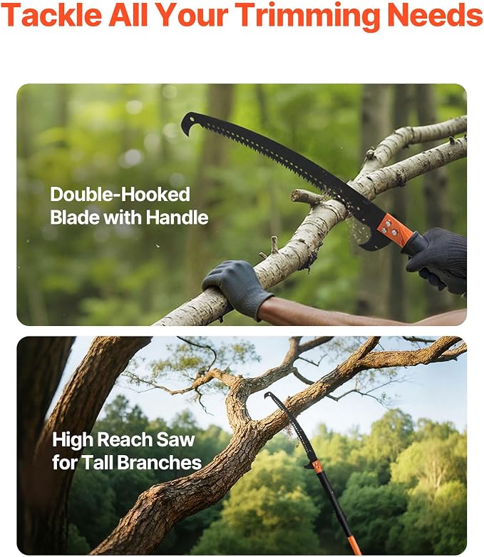 VEVOR Manual Pole Saw, 4.46-26.4 ft Extendable Tree Pruner, Sharp 65Mn Steel Blade, Lightweight Fiberglass Handle Pole, Two Double-Hook Saws for High Branch Trimming, Pruning Tool for Palms, Shrubs