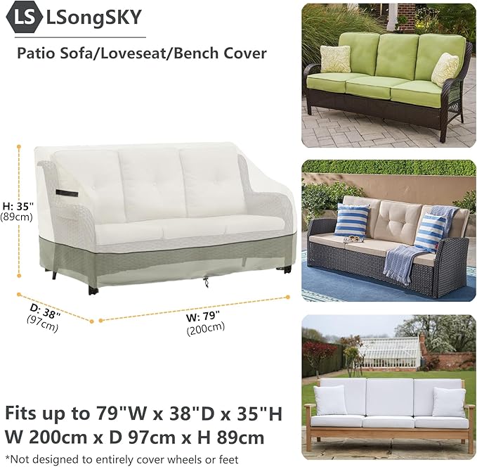 Patio 3-Seater Sofa Cover,Outdoor Couch Cover Fits up to 79W x 38D x 35H Inches,100% Waterproof Heavy Duty Patio Furniture Covers,Beige & Gray-Green