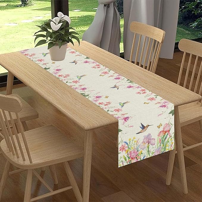 Floral Birds Table Runner, Rustic Boho Wildfloral Watercolor Butterfly Hummingbird Spring Seasonal Coffee Table Center Decor for Family Kitchen and Dining Farmhouse Party Table Decorations, 13"x72"
