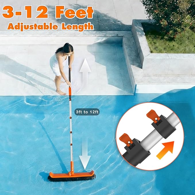 LAANPOLE Telescopic Pool Pole, 12ft Heavy Duty Swimming Pool Pole, Adjustable Pool Cleaning Pole for Skimmer Nets, Vacuum Heads and Brushes