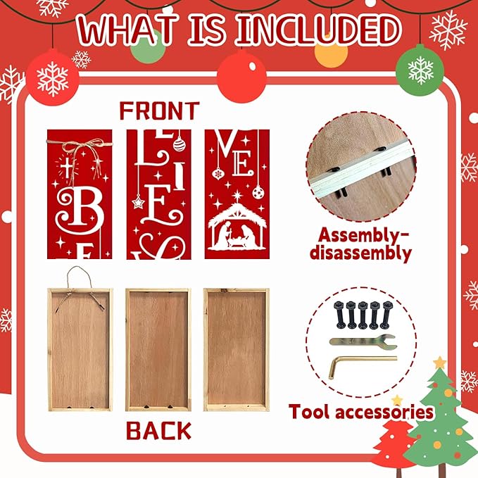 Christmas Porch Sign Believe Nativity Welcome Sign for Front Porch, Red ChristianWood Signs for Patio Jesus Tall Standing Wooden Yard Sign Bless Xmas Decoration for Indoor Outdoor