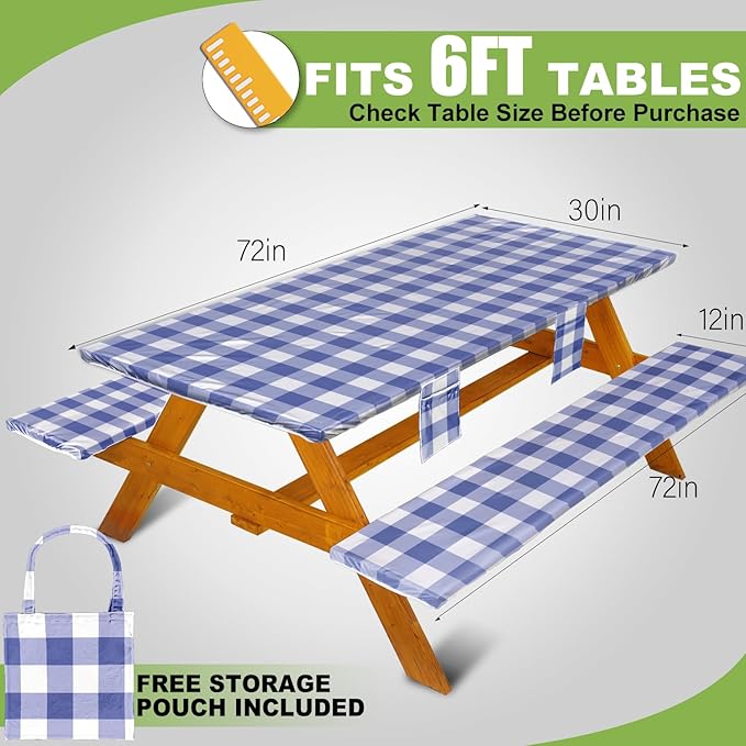 Picnic Table Cover with Bench Covers Vinyl Elastic Edges Fitted Rectangle Seat Tables Waterproof 3-Piece72X30in Set Outdoor Rectangular Folding Backing Tablecloth for Camping Over Size
