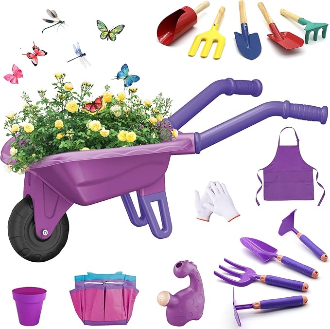 Losbenco 15 PCS Kids Gardening Tool Set for Girls Boys, Toddler Gardening Tools Set with Wheelbarrow, Flower Pot, Storage Bag, Rake, Fork, Shovel, Apron, Outdoor Garden Tool Play Set for Kids