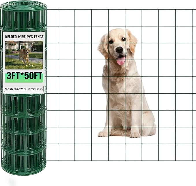 Gisafai 16 Gauge Galvanized Welded Wire Fence 3 ft x 50 ft PVC Coated Hardware Cloth, 2.36" x 2.36" Mesh, Heavy Duty Garden Fencing Roll for Yard Chicken Dog, Deer Cattle & Animal Protection(Green)