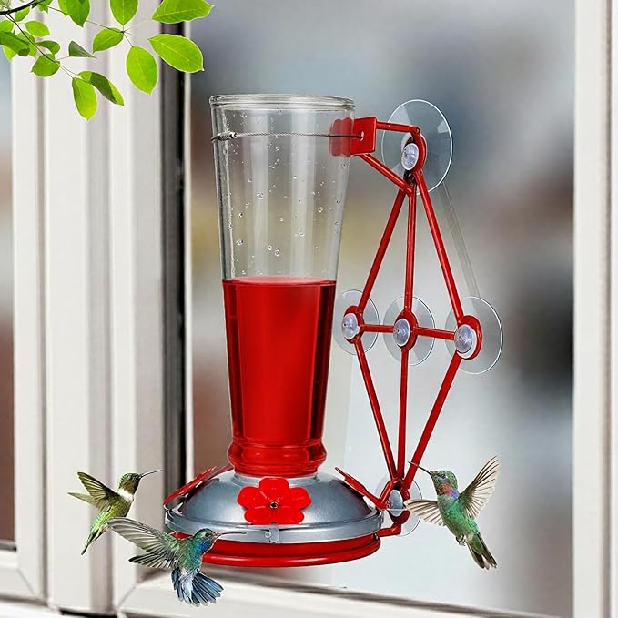 Window Hummingbird Feeder with 5 Strong Suction Cup 32 Ounces Colorful Hand-Blown Glass Hummingbird Feeder for Outdoor Patio Hanging Windows Mount (Transparency)