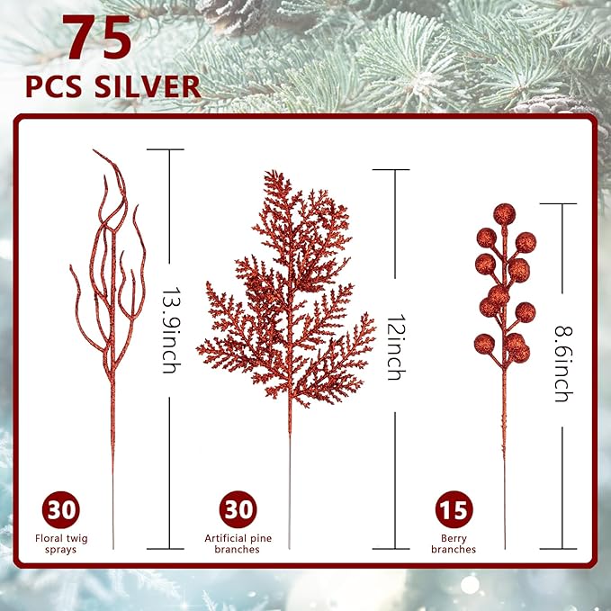 75 Pcs Christmas Glitter Branches, 3 Styles Artificial Christmas Picks with Red Berries, Pine Needles and Twig Sprays for Xmas Tree Ornaments, DIY Wreaths and Holiday Garland Decorations