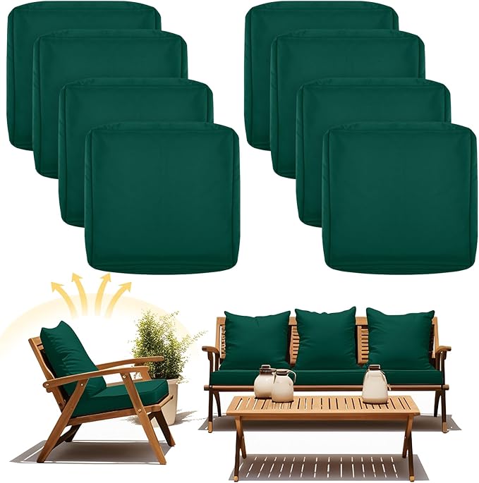 Mindsoft 8 Pcs 24"x24" Patio Cushion Covers Outdoor Cushion Covers Replacement High UV Resistant Anti Slip Waterproof Patio Chair Seat Slipcovers for Outdoor Furniture(Dark Green)