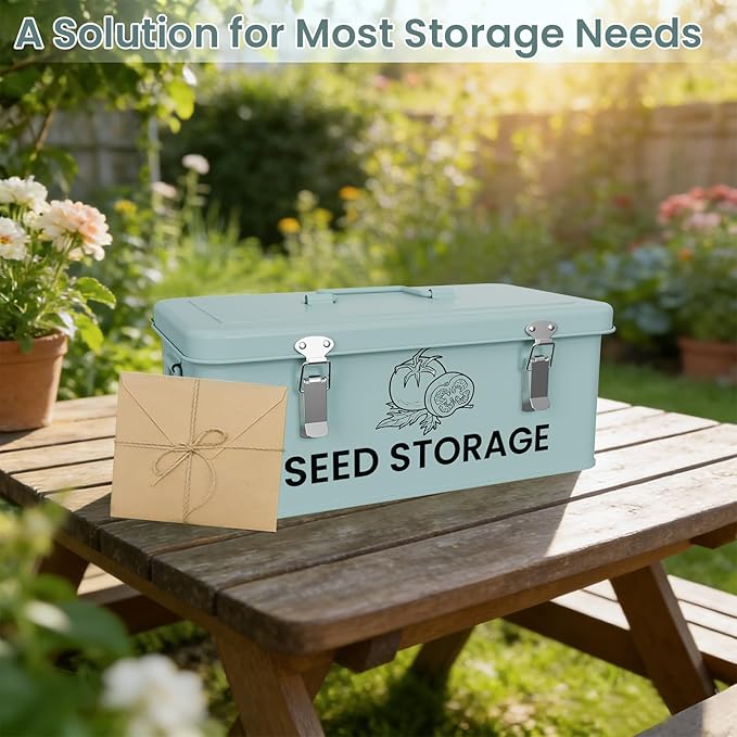 Seed Storage Organizer Box, Metal Seed Box, Garden Seed Organizer with Lid, Seed Containers Storage with 4 Compartments, 30 Seed Holder Organizers, 100pcs Seed Envelopes (Blue)