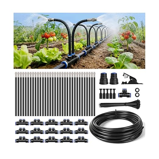 50Ft 1/2" Tubing High-Flow Drip Irrigation System, 360° Adjustable Garden Watering System with 30 Nozzles, Dual-Side Watering Kit for Raised Beds, Greenhouses & Efficient Plant Irrigation