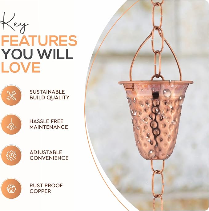 Copper Rain Chain – Decorative Chimes & Cups Replace Gutter Downspout & Divert Water Away from Home for Stunning Fountain Display – for Universal Fit