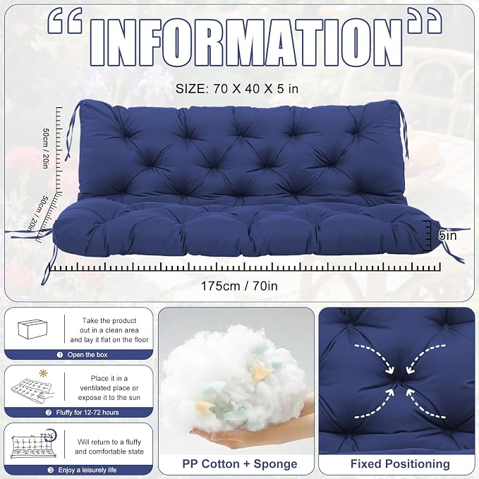 Porch Swing Cushions 3 Seater Replacement Thicken 5" Waterproof & Fade Resistant Swing Cushions for Outdoor Furniture Bench Patio Swing Cushion with Backrest & Ties(Navy Blue 70x40x5inch)